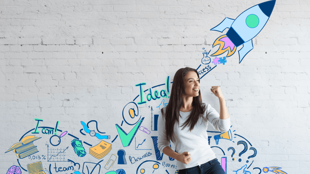 Confident woman with hand-drawn business icons and a rocket on a white brick wall background