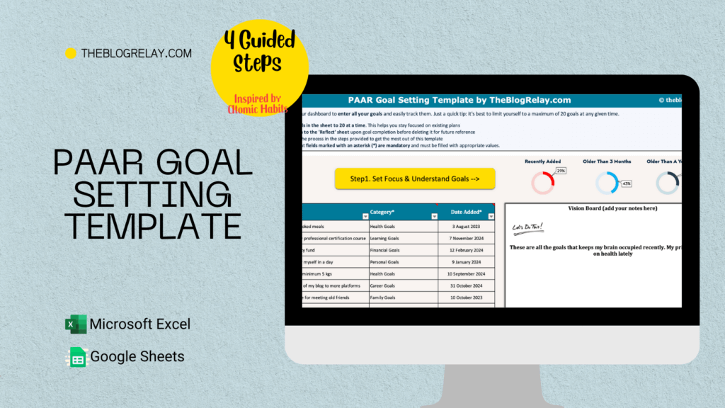PAAR Goal Setting Template by TheBlogRelay.com shown on a computer screen.